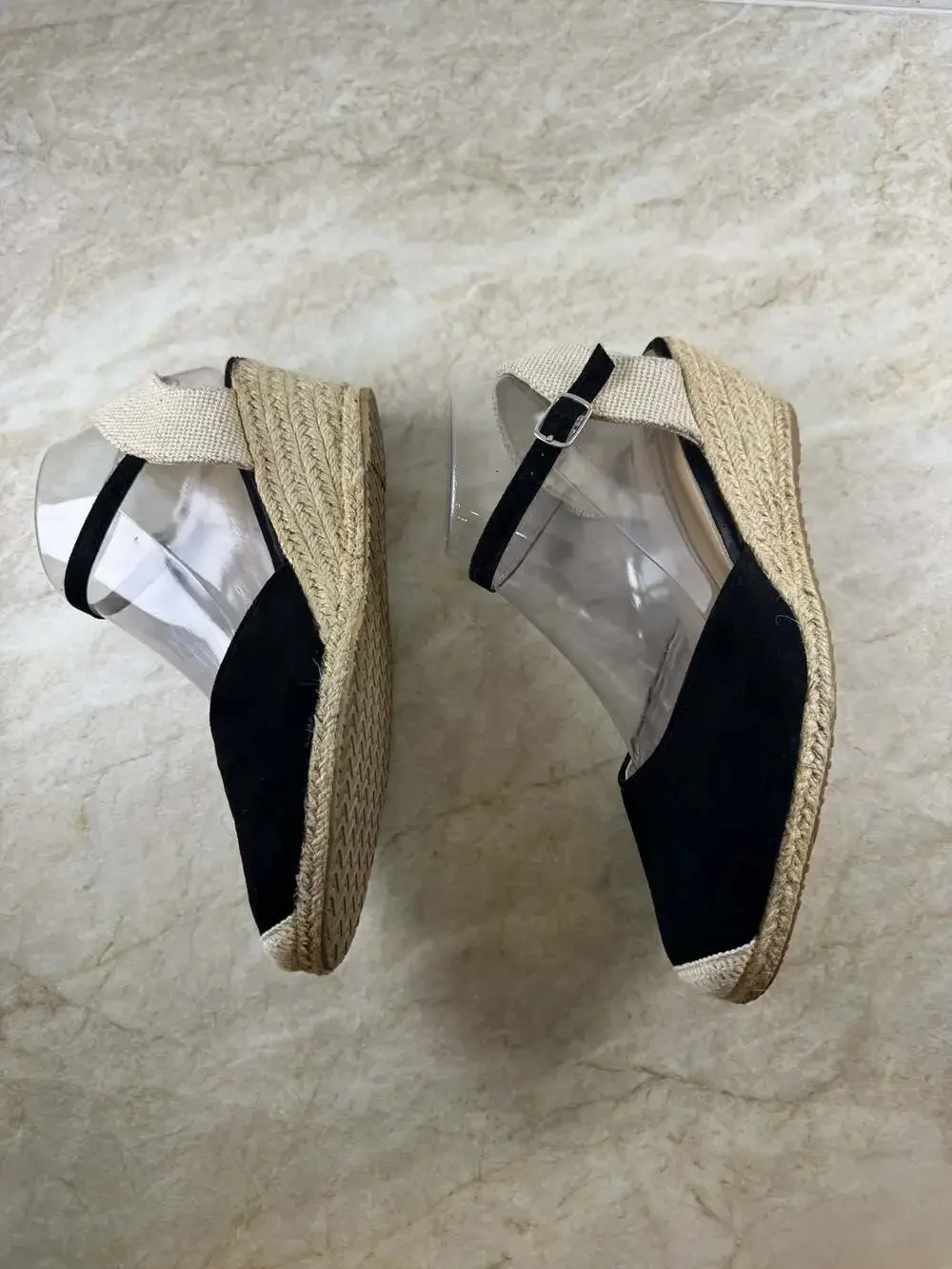 Lora Dora Black Suede Espadrille Wedge Sandals Ankle Strap EU 39 Boho